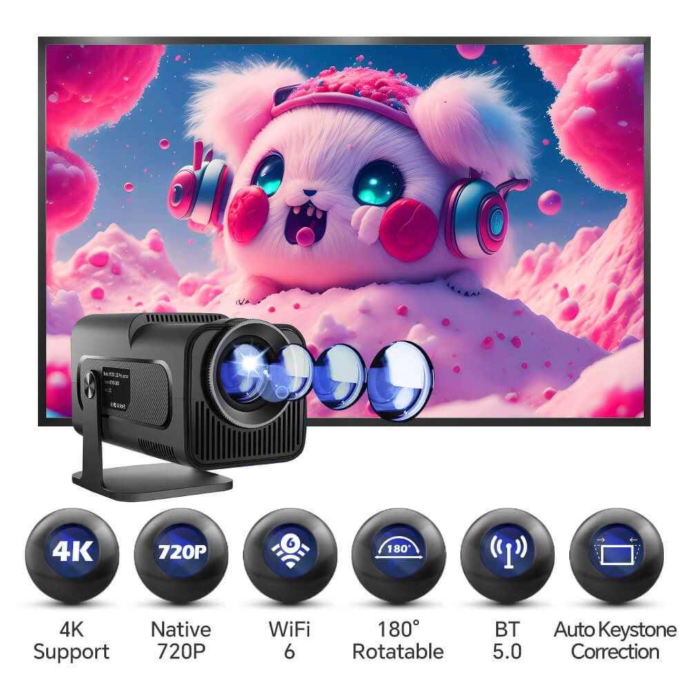 Mini Portable Projector with WiFi6 Bluetooth 4K Native 1080P 180 ° Rotable Outdoor Projector